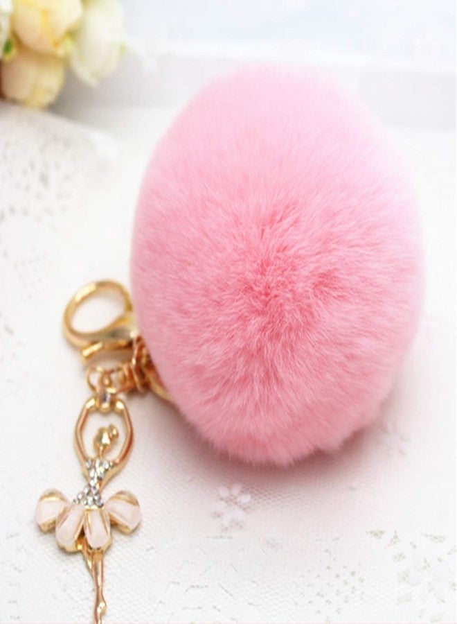 VesipaFly Faux Fox Fur Pom Pom Ball Keychain with Ballet Dancer Purse Bag Charm Fluffy Ball Key Chain for Women Bag or Cellphone or Car Pendant (Pink) - Image 2